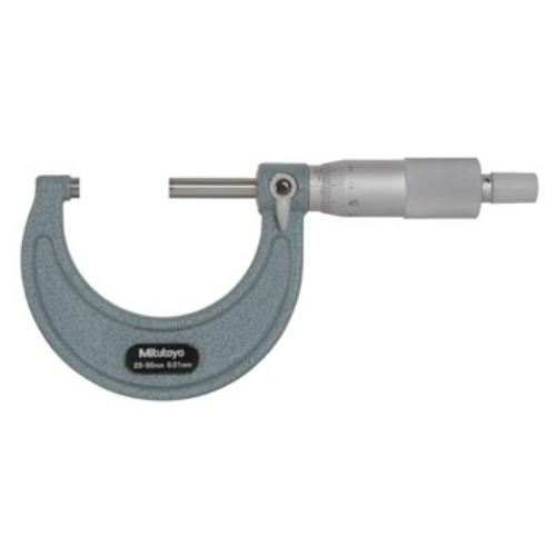 Mitutoyo Outside Micrometer 25-50mm, precision tool with ratchet stop, carbide faces, and 0.01mm resolution for accurate measurements.