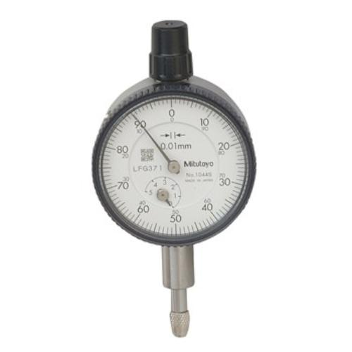 Mitutoyo Dial Indicator 5mm x 0.01mm, precision tool with hardened steel spindle, designed for accurate measurements in tight spaces.