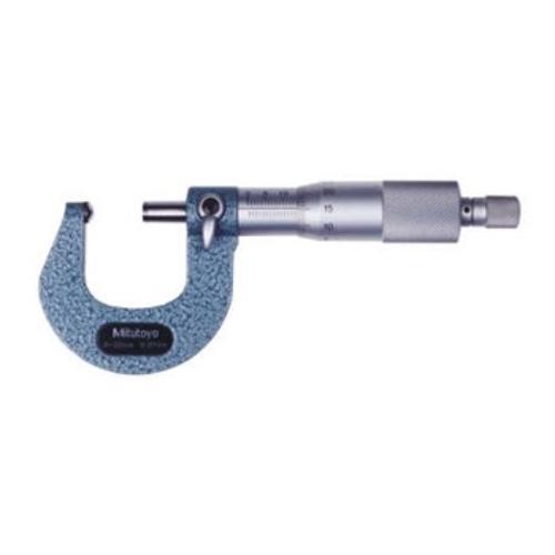 Mitutoyo Tube Micrometer 0-25mm with carbide-tipped faces and ratchet stop, ideal for precision measuring of tubes and sheet metal.