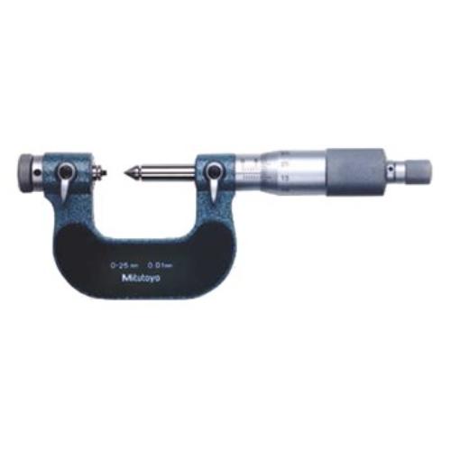 Mitutoyo Screw Thread Micrometer 0-25mm with 0.01mm graduations, ratchet stop, and interchangeable anvils for precise measurements.