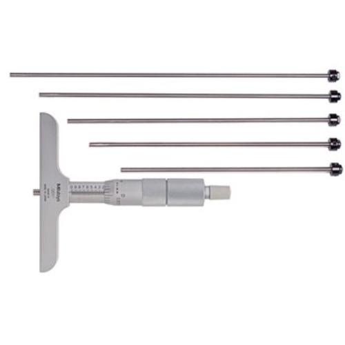 Mitutoyo Depth Micrometer with 0-6" range, 0.001" graduations, 4" base, and 6 interchangeable rods for precise depth measurements.