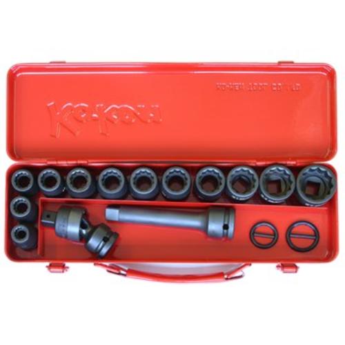 Koken 18pc impact socket set features 1/2" drive, 10-27mm sizes, durable chrome molybdenum, and innovative flat drive design.