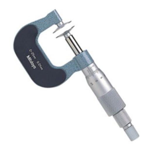 Mitutoyo Paper Thickness Micrometer measuring 0-25mm, featuring non-rotating spindle and ratchet stop for precise measurements.