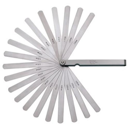 Mitutoyo 20-piece feeler gauge set 0.05-1.0mm, featuring long, detachable leaves for precision measurement in tight spaces.