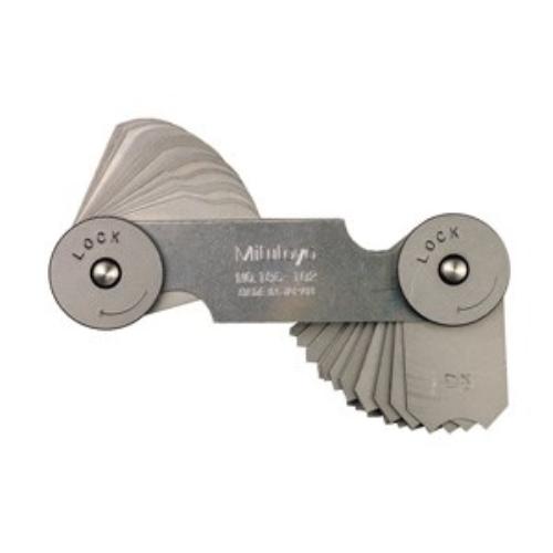 Mitutoyo Radius Gauge 1/32" - 17/64" with 16 leaves, internal/external gauges, and a locking clamp for precise measurements.