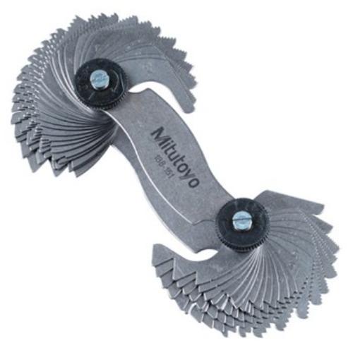 Mitutoyo Thread Gauge Set with 51 leaves, measuring 0.4mm to 7mm and 4 to 42 TPI for precise thread compatibility.