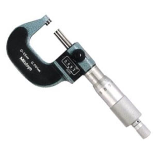 Mitutoyo Digit Outside Micrometer 25-50mm with carbide faces, ratchet stop, and mechanical counter for precise measurements.