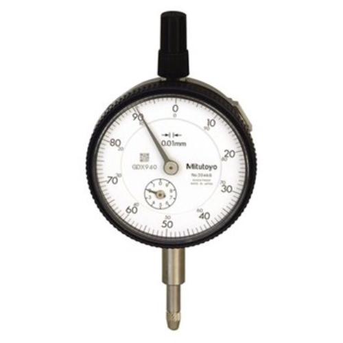 Mitutoyo Dial Indicator with 10mm travel and 0.01mm graduations, featuring stainless steel construction and optional lifting lever.