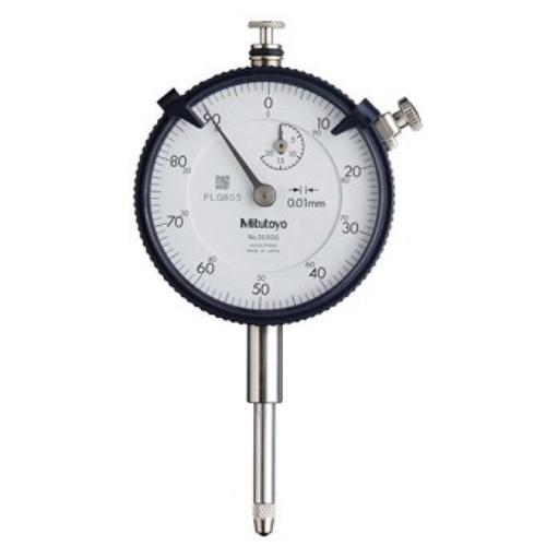 Mitutoyo Dial Indicator 20mm x 0.01mm with stainless steel stem, carbide contact point, and robust environmental protection.