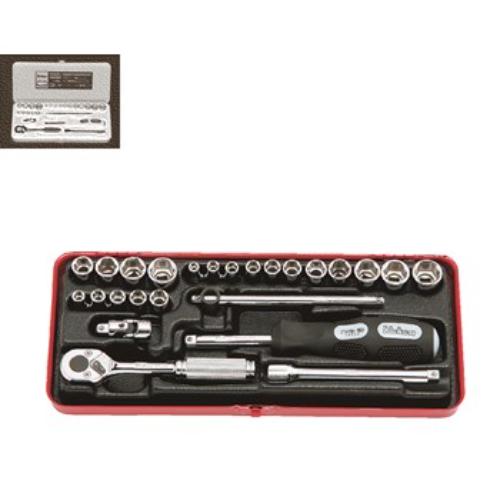 Koken 2201AM 25-piece socket set with 6-point sockets, ratchet, and extensions for versatile DIY and professional use.
