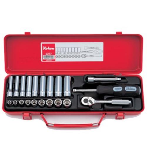 Koken 2277 21pc socket set with 6pt standard and deep sockets, 1/4" drive ratchet, organized in a durable metal case.