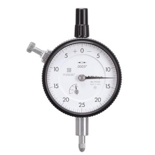 Mitutoyo Dial Indicator .125" x .0005", precision tool with stainless steel stem, carbide point, and scratch-resistant crystal.