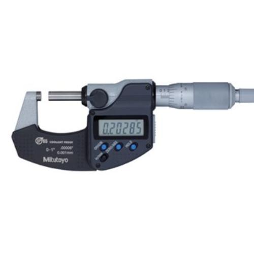 Mitutoyo Digimatic Micrometer 0-1"/0-25mm with LCD display, IP65 rated, coolant proof and designed for precision measurements.