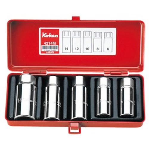 Koken 4214M Stud Puller Set, 5-piece tool for removing threaded rods with hexagonal design for reduced stress and longevity.