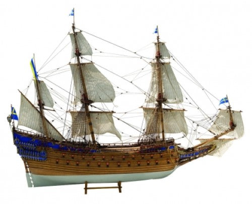 Detailed model of the 1627 Wasa ship, showcasing its three masts and historical significance in naval history.