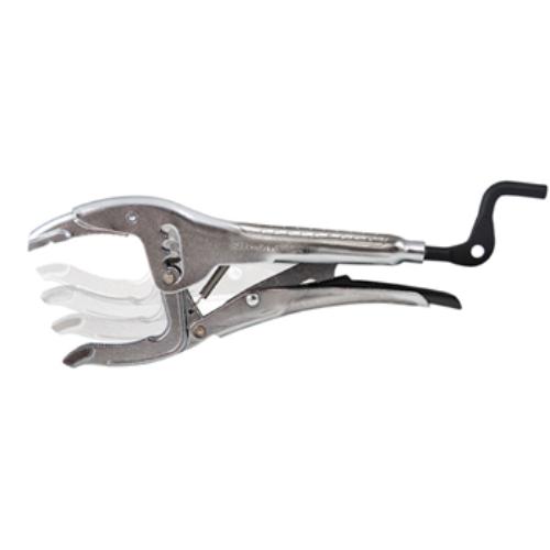 Strong Hand Adjustable Jaw Big Mouth Pliers with crank handle, serrated jaws, V-notch, quick release, and pegboard storage.