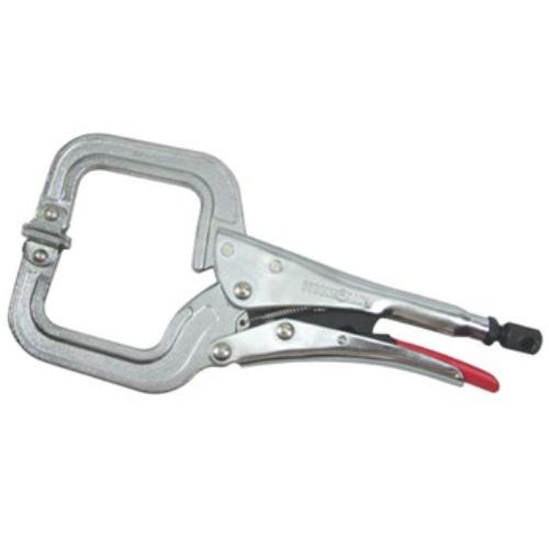 Strong Hand Locking C Clamp with Swivel Pads, crafted from heat-treated steel, ideal for secure clamping on irregular surfaces.