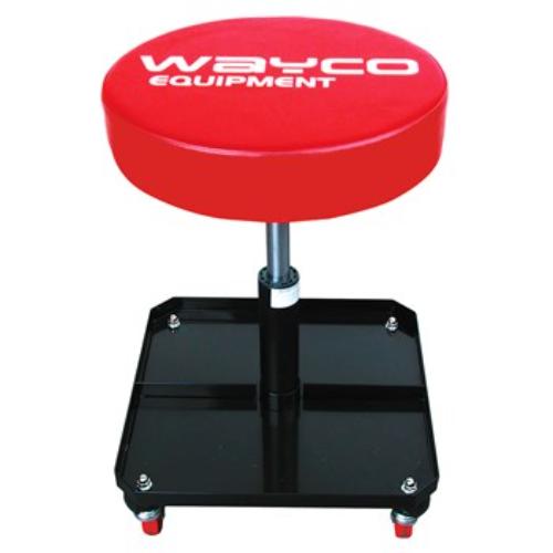 Wayco Hydraulic Adjustable Creeper Seat with tool tray, height-adjustable, sturdy wheels for easy maneuvering in garages.