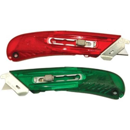 Ergonomic left-handed safety cutter featuring a blunt tip, metal guard, and storage for five blades, ensuring safe cuts.