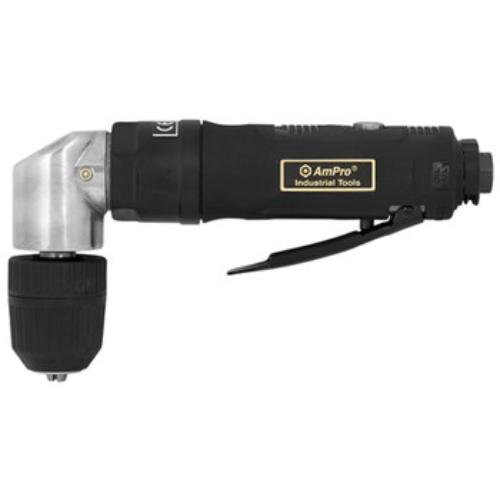 AmPro Air Angle Head Drill with 3/8" drive, compact design, variable speed, lightweight for tight space drilling.