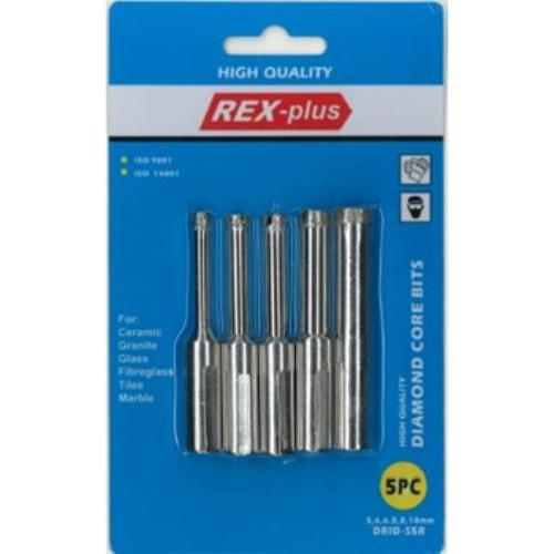 Rex-Plus Diamond Core Drill Bit Set, 5pc, 5-10mm, designed for precision drilling in glass, ceramics, and stone materials.
