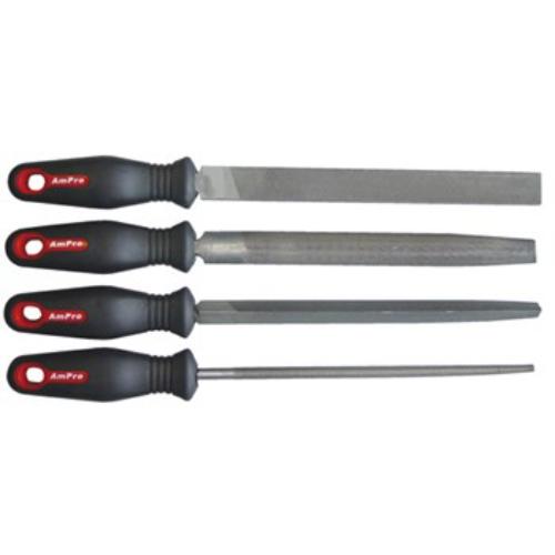 AmPro Pro Style File Set 4pc with Round, Mill, Three-Square, and Half-Round files in a portable wallet for stylish nail care.