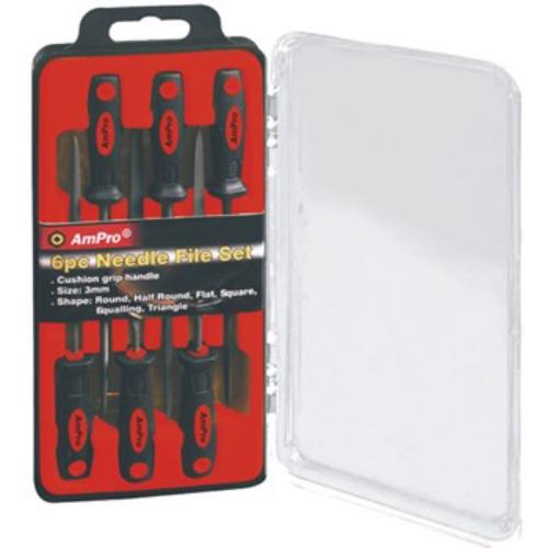 AmPro Needle File Set 6pc with cushioned grip handles, includes round, flat, and triangle files for precise crafting and woodworking.