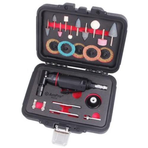 AmPro Mini Air Angle Die Grinder Kit featuring powerful grinding, polishing tools, and a compact design for tight spaces.