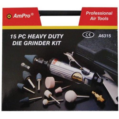 AmPro Air Die Grinder Kit with 6mm collet, includes 15 pieces for precision metal grinding and deburring, designed for comfort.