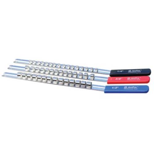 Ampro 3/8" Dr Socket Holder with durable metal rail, pro-style handle, and 14 socket clips for efficient tool organization.