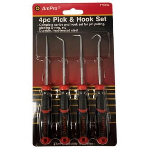 AmPro Hook Pick Set 4pc: Durable, heat-treated steel picks for precision tasks like O-ring removal and pin pulling.