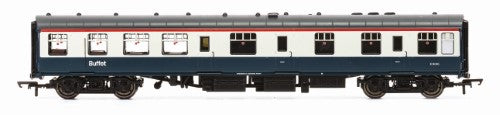 Hornby BR InterCity Mk1 RBR E1696 model train coach with detailed kitchen, buffet counter, and 23 passenger seating.