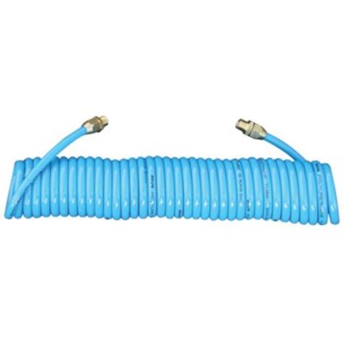AmPro 3/8" x 50ft blue polyurethane air hose with brass fittings, designed for durability and flexibility in extreme conditions.