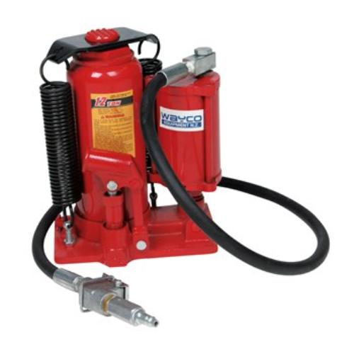Wayco Air/Hydraulic Bottle Jack with 12-ton capacity, 260mm min height, ideal for automotive and construction lifting tasks.