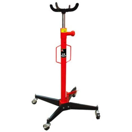 Torin Big Red Transmission Jack, 0.5-ton capacity, foot pump operation, stable fixed head, and manoeuvrable castors for easy use.