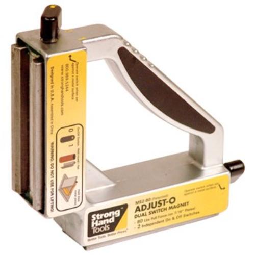 Strong Hand Adjust-O Dual Switch Magnet Square with adjustable pull force and dual On/Off switches for safe metalworking.