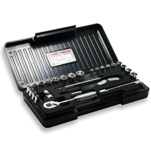 Koken P2201AM Socket Set with 25 pieces in ABS case, featuring 6-point sockets from 3/16" to 1/2" and 4mm to 13mm.