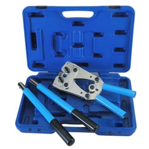 Hanlong HT-T51A foldable crimping tool in blow mold case, featuring 26'' length and multiple hex size options for various wire sizes.