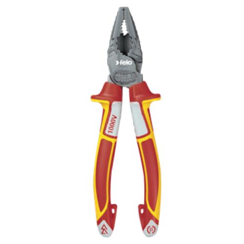 Felo VDE combination pliers 180mm with insulated handles, robust grip, wire cutting capability, and corrosion protection.