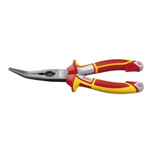 Felo Long Nose Radio Pliers with 45° curved jaw, 205mm, VDE insulated for safety, ideal for precision tasks in tight spaces.