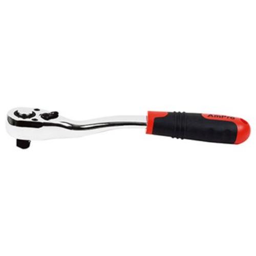 AmPro Offset Ratchet 3/8"Dr 205mm with soft-grip handle, 72-tooth gear for tight spaces, and quick-release socket change.