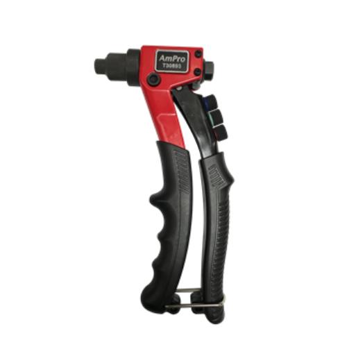 AmPro Hand Riveter Heavy Duty with heat-treated steel, ergonomic grip, and four nozzles for versatile riveting tasks.