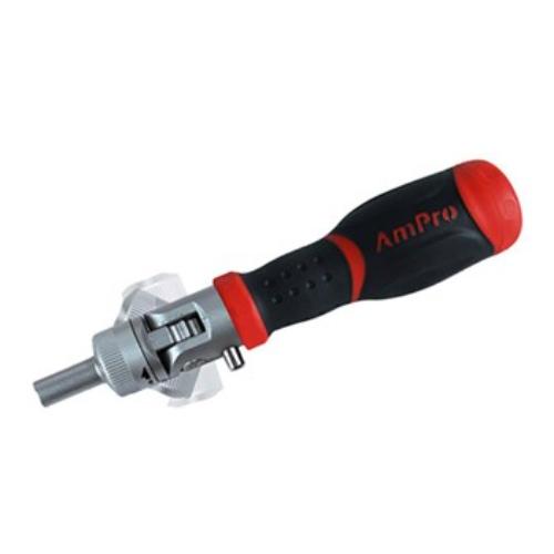 Ampro Flex Ratcheting Screwdriver: Compact tool with flexible shaft, accommodates 1/4" bits for versatile DIY and repair tasks.