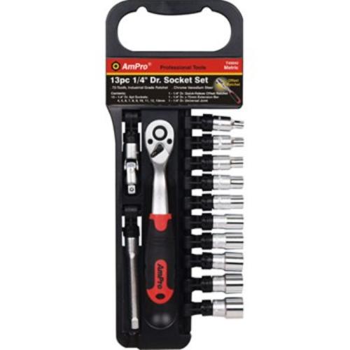 AmPro 1/4" Drive Socket Set with 13 precision sockets, ratchet, extension, and universal joint in a convenient open rack design.
