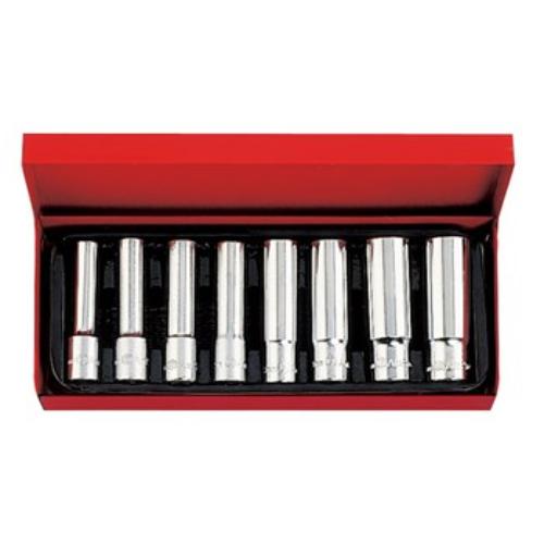 AmPro 8-piece deep socket set (12-23mm) featuring durable 6-point sockets for secure grip and professional performance.