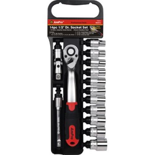 AmPro 14-piece 1/2" drive socket set in open rack, featuring 10-24mm 6-point sockets for automotive and mechanical repairs.