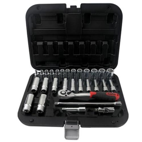 AmPro 29-piece socket set with standard and deep 4-14mm sockets, robust 6-point grip, and blow mold case for storage.