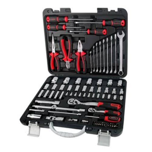 AmPro 87-piece socket and tool kit in blow-molded case for automotive and DIY projects, includes ratchets, sockets, and wrenches.