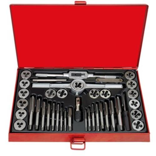 AmPro 39pc Metric Tap & Die Set for restoring and creating internal/external threads, includes various wrenches and gauges.