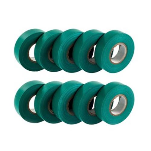 Vibrant green PVC insulation tape pack of 10 rolls, 20m each, ideal for electrical insulation and repairs.